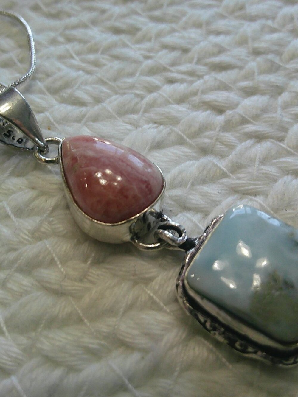 Gorgeous LARIMAR & RHODOCHROSITE Handmade Sterling 925 Pendant/Chain #410F